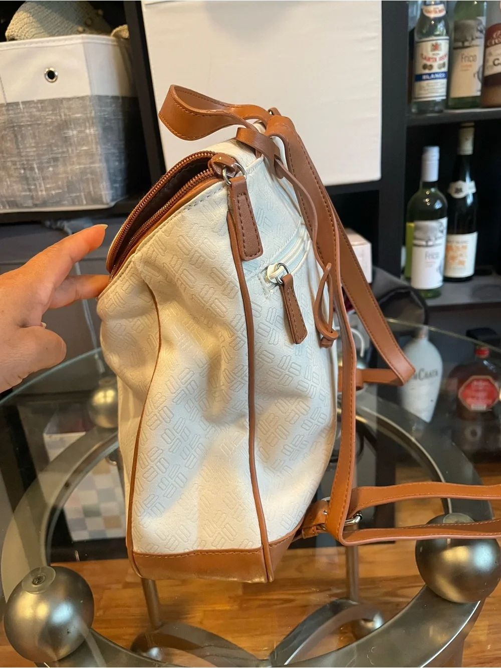 Canvas & Leather Trim Backpack - Cream with Pink Stripe